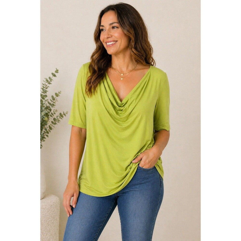 George Stretch Women XL 16/18 Green Drape Neck Top Stretch Short Sleeve Blouse
